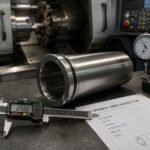 Precision spindle liner being inspected with a digital caliper and dial indicator in a CNC machining workshop.