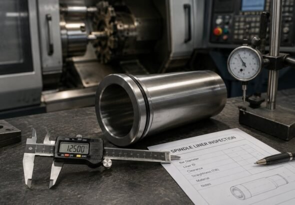 Precision spindle liner being inspected with a digital caliper and dial indicator in a CNC machining workshop.