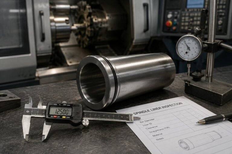 Precision spindle liner being inspected with a digital caliper and dial indicator in a CNC machining workshop.